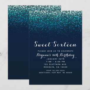 Invitation Bleu Aqua Navy Paillettes Étincelles Fête Douce 16