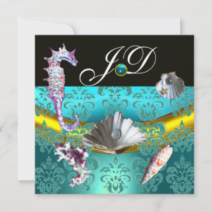 INVITATION BLEU AQUAMARINE DAMAS PLAGE MARIAGE MONOGRAMME