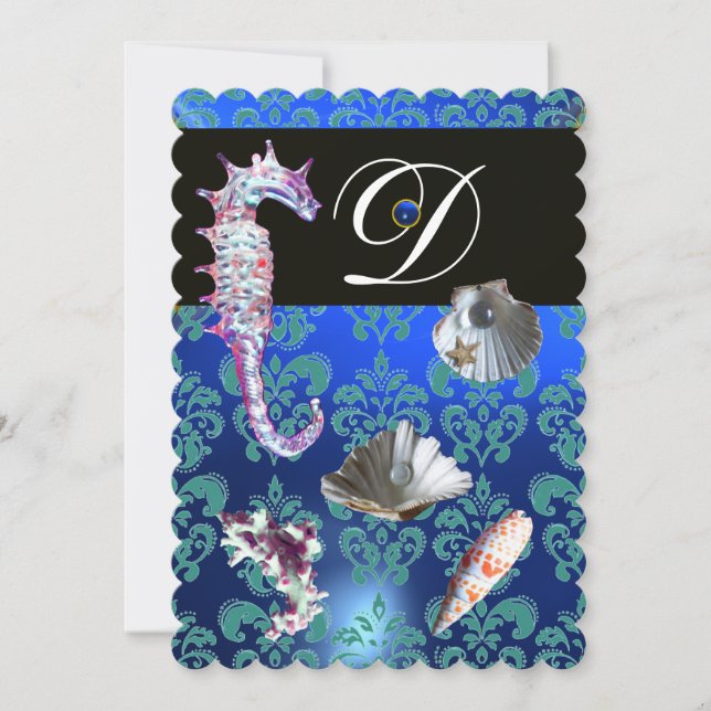 INVITATION BLEU AQUAMARINE DAMAS PLAGE MARIAGE MONOGRAMME (Devant)