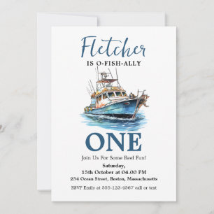 Invitation Bleu Aquarelle Bateau de pêche Premier anniversair