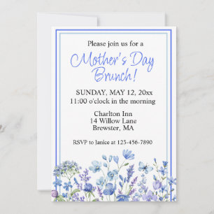 Invitation Bleu Aquarelle Bleu Fleur Fête des Mères Brunch