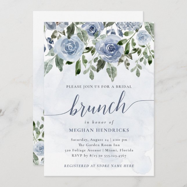 Invitation Bleu Aquarelle Bleu joli Fleurs d'Aquarelle Brunch (Devant / Derrière)