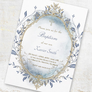 Invitation bleu aquarelle cadre beige Baptême bébé garçon