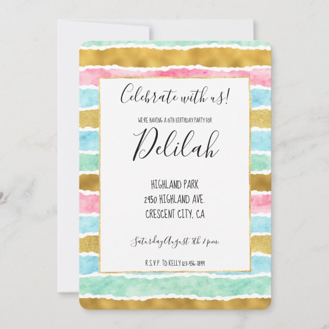 Invitation Bleu Aquarelle Chic Mint Rose Or (Devant)