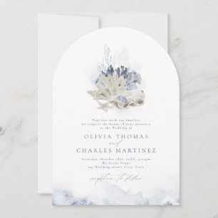 Invitation Bleu aquarelle corail & coquillages plage mariage