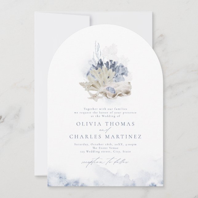 Invitation Bleu aquarelle corail & coquillages plage mariage (Devant)