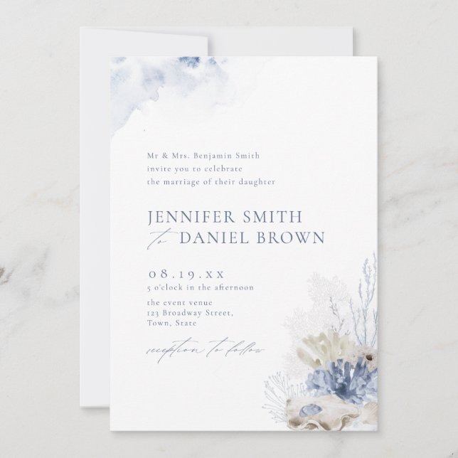 Invitation Bleu aquarelle corail & coquillages plage mariage (Devant)