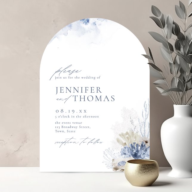 Invitation Bleu aquarelle corail & coquillages plage mariage (Blue watercolor coral & seashells beach wedding invitation)