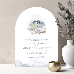 Invitation Bleu aquarelle corail & coquillages plage mariage