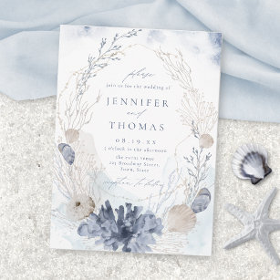 Invitation Bleu aquarelle corail & coquillages plage mariage