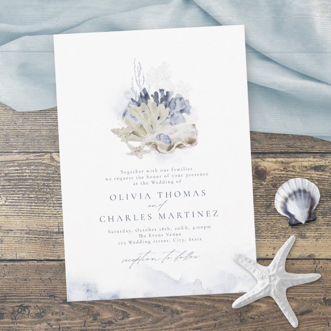 Invitation Bleu aquarelle corail & coquillages plage mariage (Créateur téléchargé)