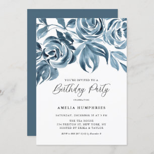 Invitation Bleu Aquarelle d'hiver Roses fête d'anniversaire