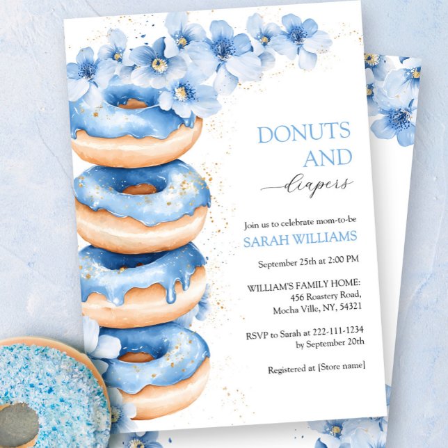 Invitation Bleu Aquarelle Donuts et Diapers Baby shower garço (Créateur téléchargé)