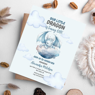 Invitation Bleu Aquarelle Dragon Baby 1er Anniversaire