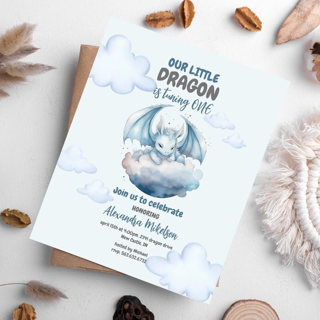 Invitation Bleu Aquarelle Dragon Baby 1er Anniversaire (Create Magic with Cute Watercolor Dragon Baby 1st Birthday Invitation )