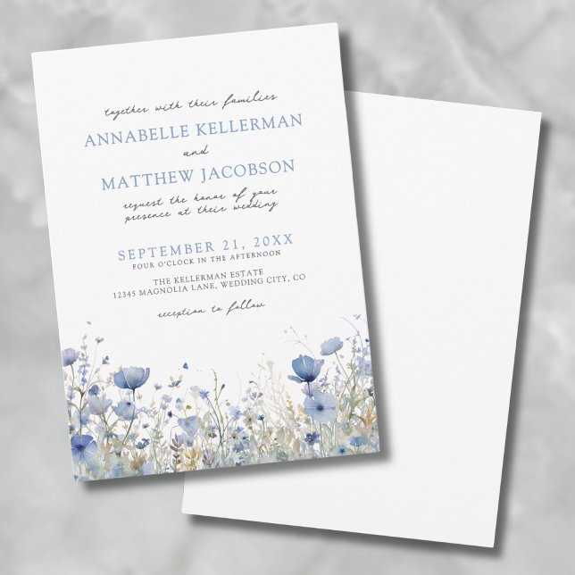 Invitation Bleu Aquarelle Fleurie Mariage Fleur de Bleuet (Botanical Wildflower Watercolor Floral Wedding Invitation)