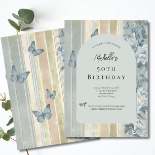 Invitation Bleu Aquarelle Florales Papillons 50e anniversaire