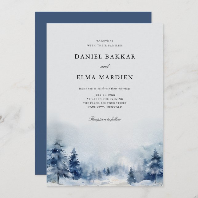 Invitation Bleu Aquarelle hiver pins forêt mariage (Devant / Derrière)