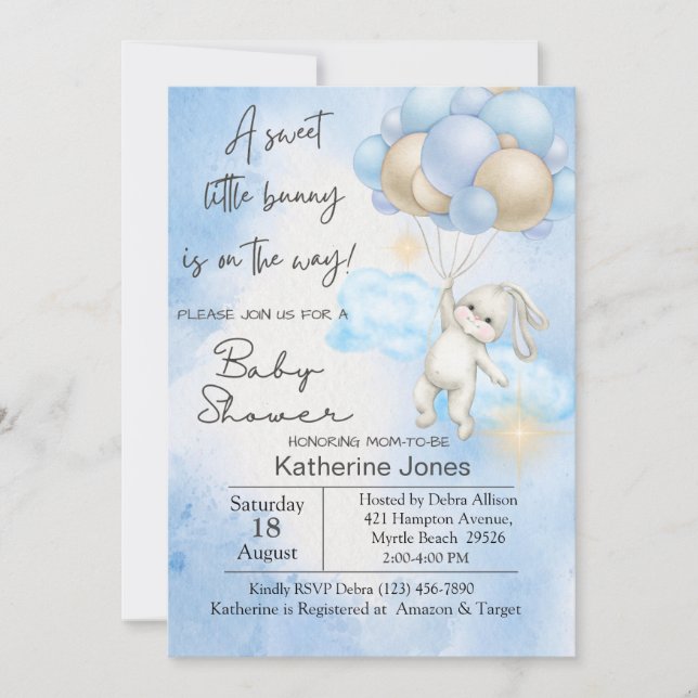 Invitation Bleu Aquarelle Lapin Lapin Baby shower Balloirs (Devant)