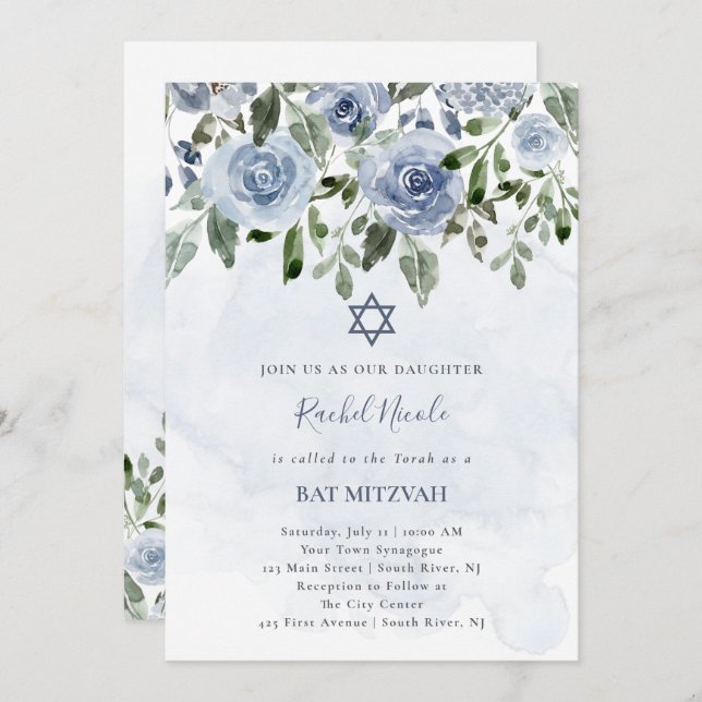 Invitation Bleu Aquarelle Plutôt Dusty Fleurs| Bat mitzvah (Devant / Derrière)