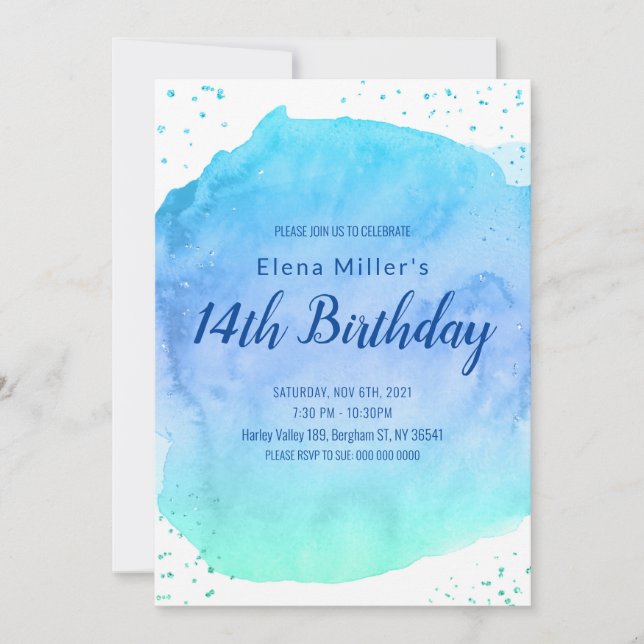 Invitation Bleu aquarelle trait or parties scintillant (Devant)