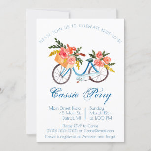 Invitation Bleu Aquarelle Vélo Fête des mariées Florale Invit