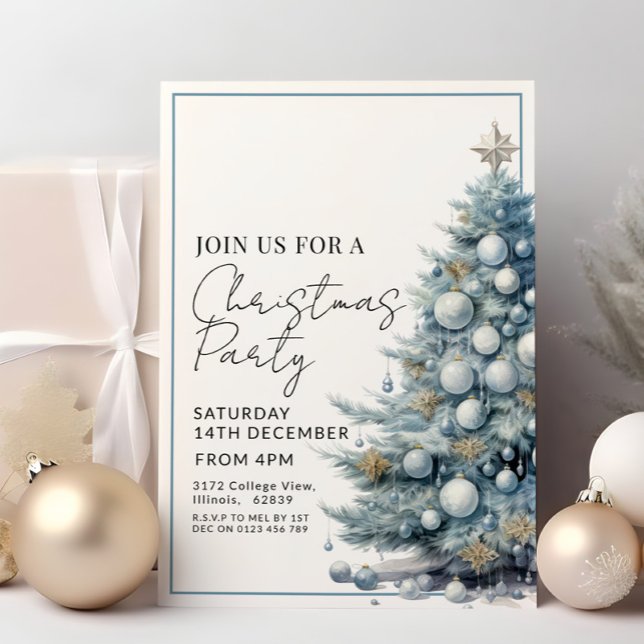 Invitation Bleu Arbre de Noël Argent Baubles Fête (Créateur téléchargé)