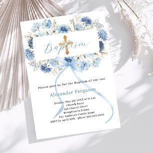 Invitation Bleu arc fleurons garçon croiser baptême
