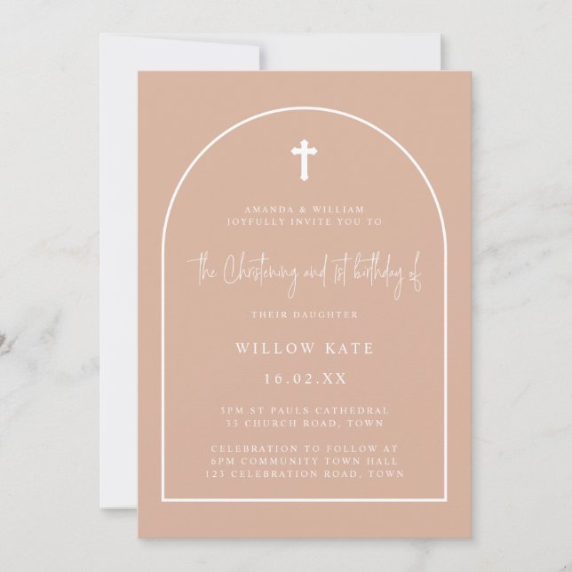 Invitation Bleu Arche Rose Christening & 1er Anniversaire (Devant)