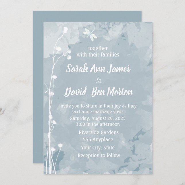 Invitation Bleu ardoise libellule Petit Mariage de fleurs bla (Devant / Derrière)