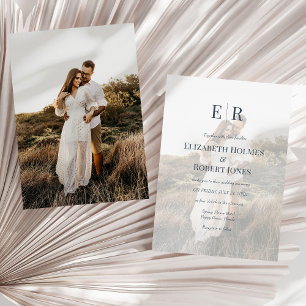 Invitation Bleu Ardoise Moderne Monogramme Personnalisé Photo