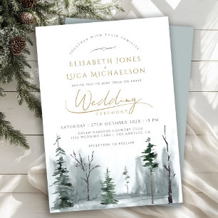 Invitation Bleu ardoise Paysage d'hiver Pine Mariage de bois