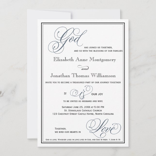 Invitation Bleu ardoise Script officiel Mariage religieux (Devant)