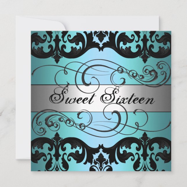 Invitation Bleu & Argent Damask Sweet 16 Anniversaire Invitat (Devant)