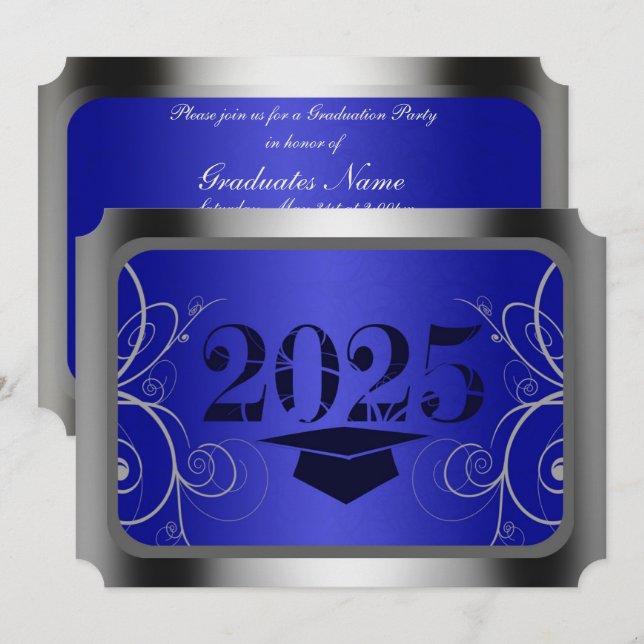 Invitation Bleu & Argent Frame Graduation Party (Devant / Derrière)