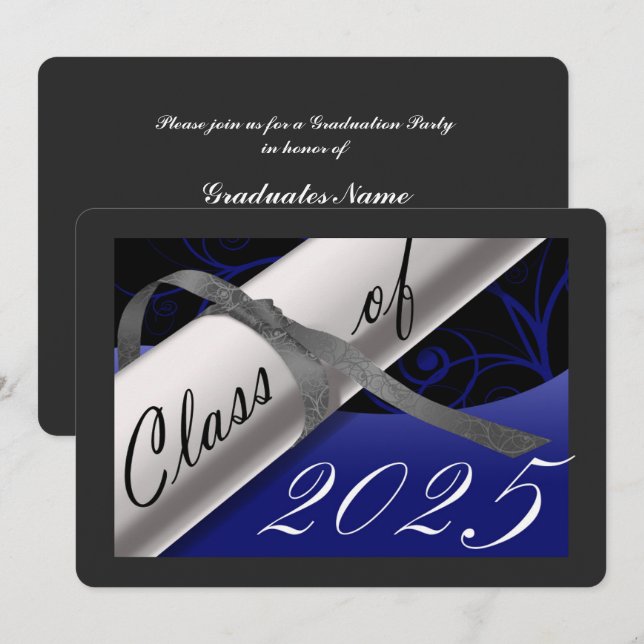 Invitation Bleu & Argent Graduation Party (Devant / Derrière)
