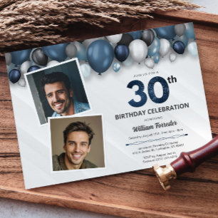 Invitation Bleu Argent noir et blanc 30e anniversaire Photo