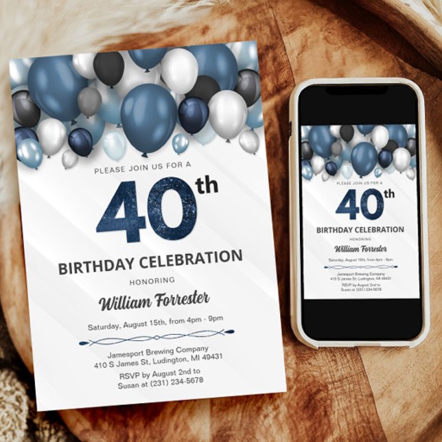 Invitation Bleu Argent noir et blanc 40e anniversaire Invitat (Blue Silver Black & White 40th Birthday Invitation)