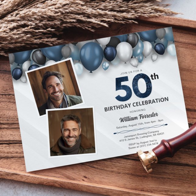 Invitation Bleu Argent noir et blanc 50e anniversaire 2 photo (Blue Silver Black & White 50th Birthday 2 Photo Invitation)