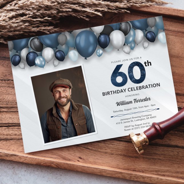 Invitation Bleu argent noir et blanc 60e anniversaire photo (Blue Silver Black & White 60th Birthday Photo Invitation)