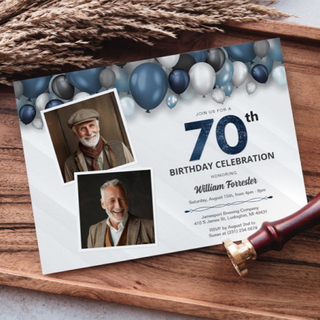 Invitation Bleu Argent noir et blanc 70e anniversaire 2 photo (Blue Silver Black & White 70th Birthday 2 Photo Invitation)