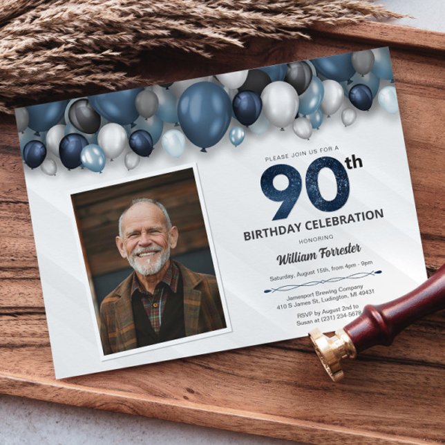 Invitation Bleu argent noir et blanc 90e anniversaire photo (Blue Silver Black & White 90th Birthday Photo Invitation)