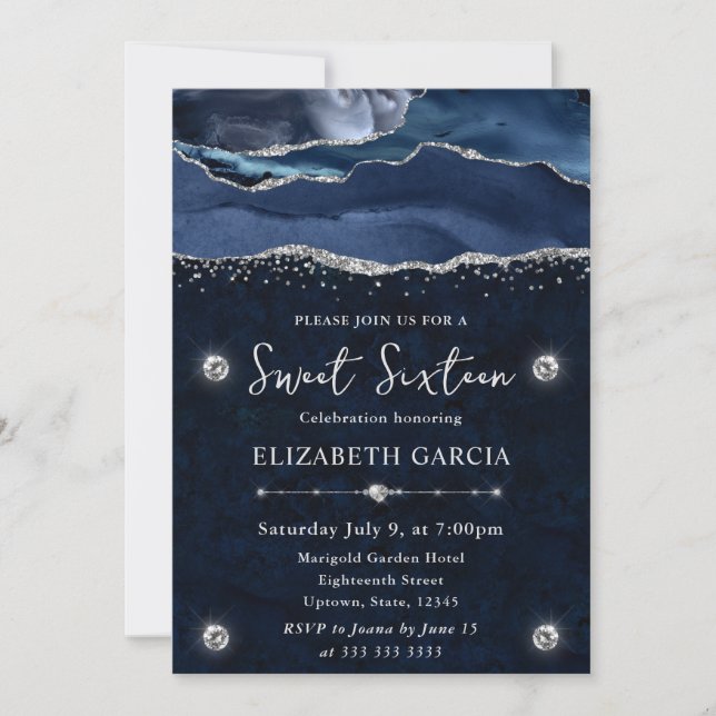 Invitation Bleu & Argent Paillettes Agate Sweet 16 (Devant)