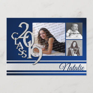Invitation Bleu Argent Varsity 2019 Graduation Trois Photo