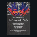 Invitation Bleu argenté rouge de nuit magique de partie de<br><div class="desc">Invitation bleue argentée rouge de nuit magique de partie de mascarade. Fête d'anniversaire de masque. Mardi gras. Rouge, argent et paon bleu de plume de parties scintillantes. Bonbon 16 seize. Arrière - plan de tableau. Tous âges. Pour davantage de personnalisation, cliquez sur svp la "personnaliser il" bouton et utilisez notre...</div>