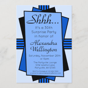 Invitation Bleu Art Déco Surprise fête Anniversaire