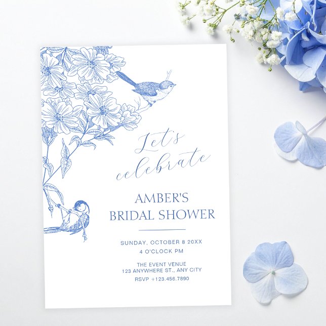 Invitation Bleu artistique botanique oiseau douche de mariage (Créateur téléchargé)