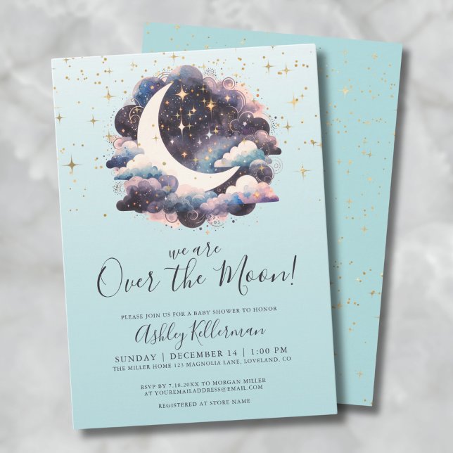 Invitation Bleu au-Dessus de la Fête Prénatale Bébé Lune (Blue Over The Moon Baby Shower Invitation)