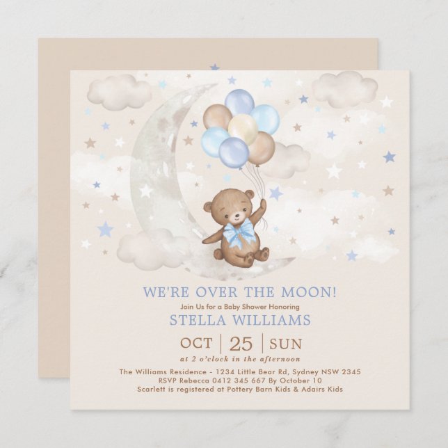Invitation Bleu au-dessus de la lune Teddy Bear Balloons Baby (Devant / Derrière)
