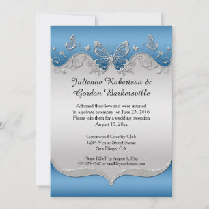 Invitation Bleu avec papillons en argent orné Mariage